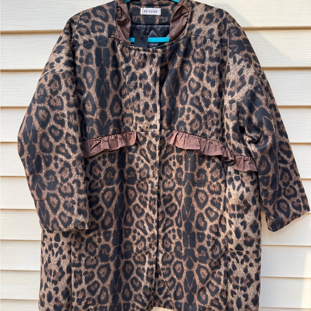RuXuan by Helens Heart Leopard Print Swing Coat Snap Buttons 3/4 Sleeve Size XL - Picture 2 of 14
